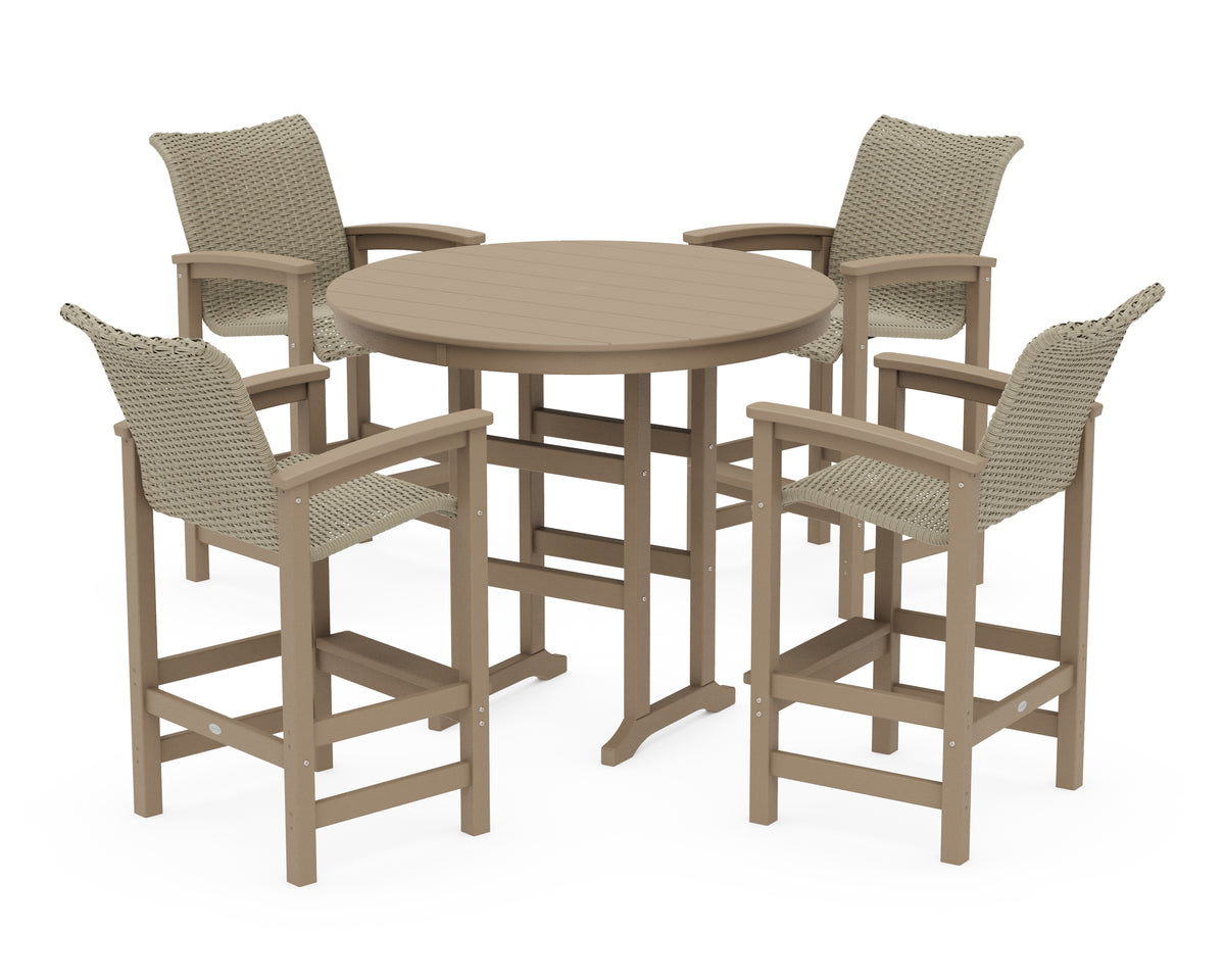 POLYWOOD Coastal Woven 5-Piece Round Farmhouse Bar Set in Vintage Sahara / Dune Grass