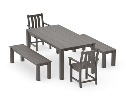 POLYWOOD Traditional Garden 5-Piece Parsons Dining Set with Benches in Driftwood