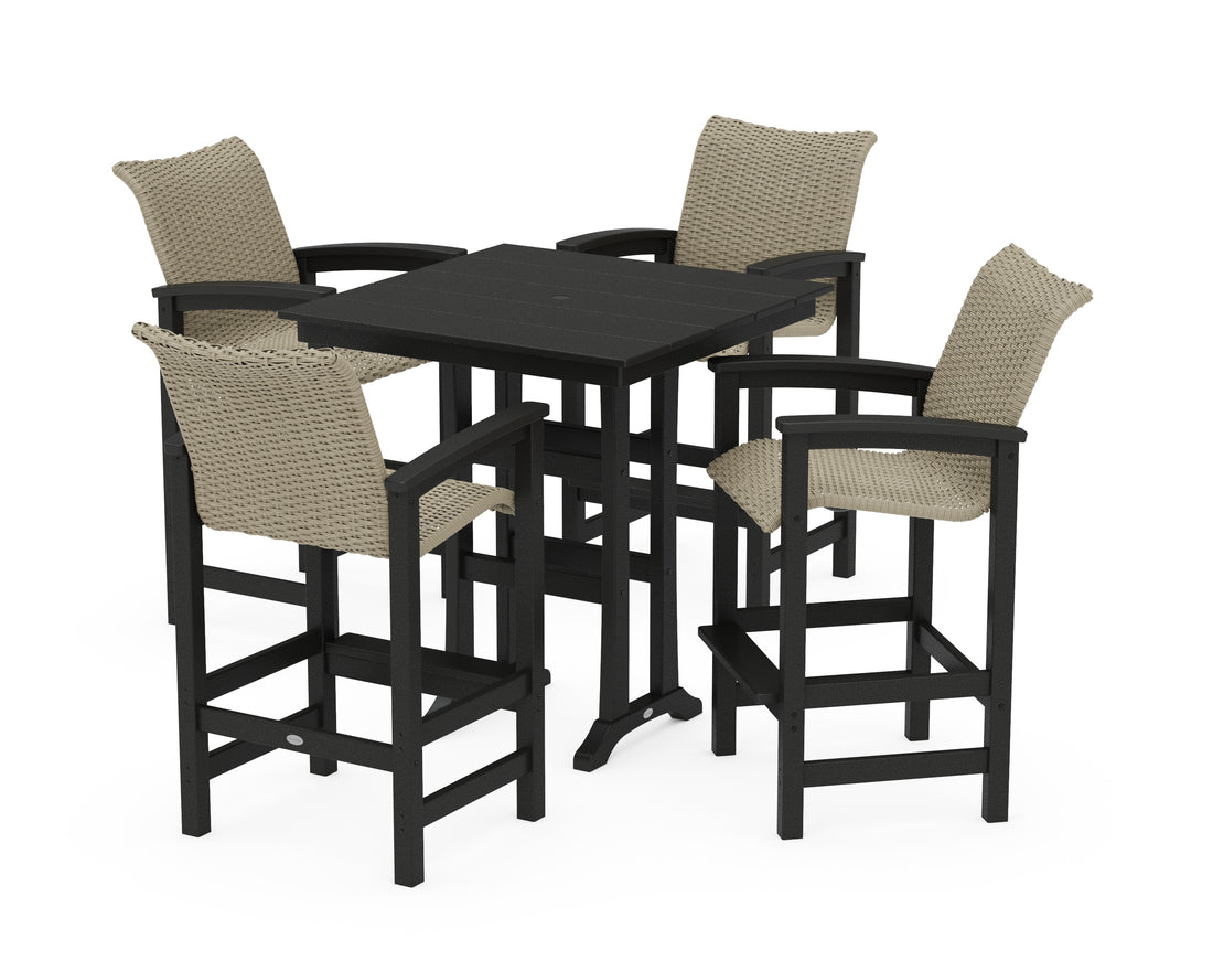 POLYWOOD Coastal Woven 5-Piece Farmhouse Bar Set with Trestle Legs in Black / Dune Grass