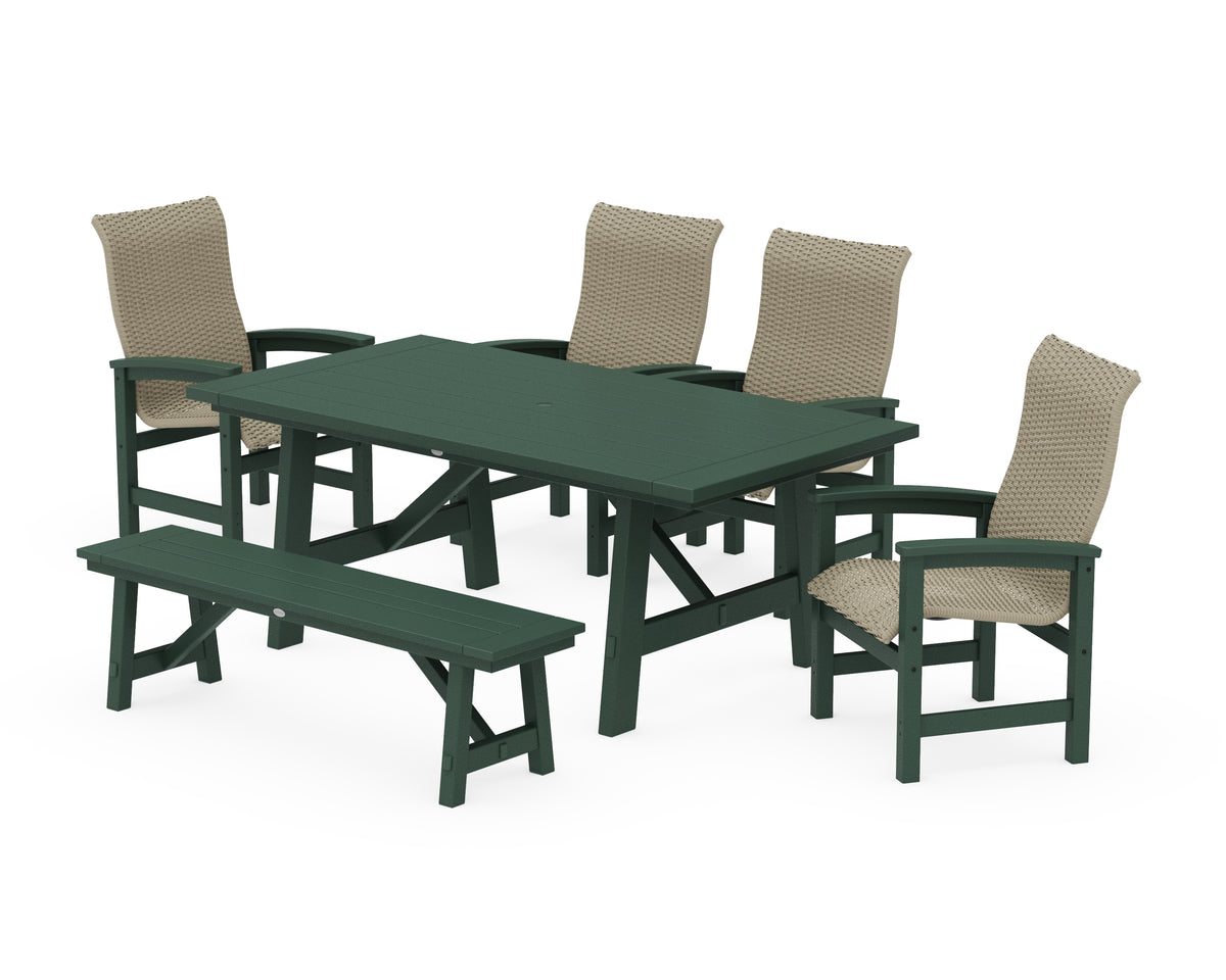 POLYWOOD Coastal Woven High-Back 6-Piece Rustic Farmhouse Dining Set with Bench in Green / Dune Grass
