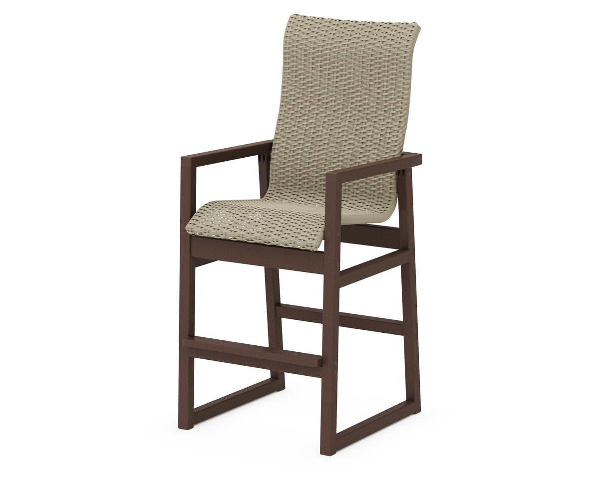 POLYWOOD EDGE Woven High-Back Bar Arm Chair in Mahogany / Dune Grass