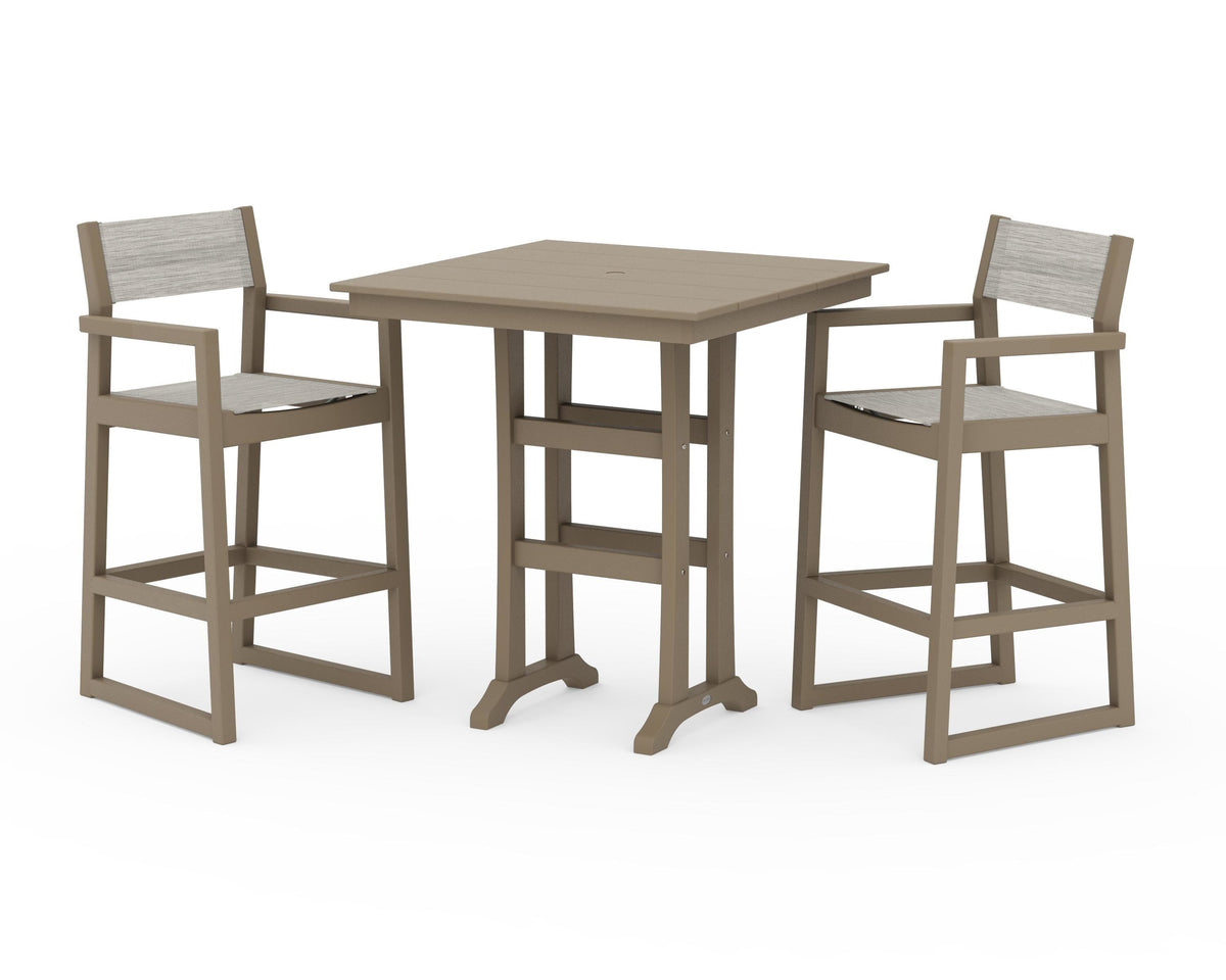 POLYWOOD EDGE Sling Arm Chair 3-Piece Farmhouse Bar Set with Trestle Legs in Vintage Sahara / Birch