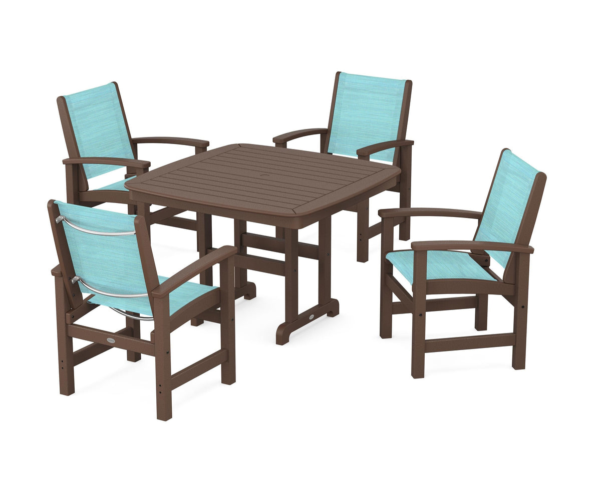 POLYWOOD Coastal 5-Piece Dining Set with Nautical 44" Dining Table in Mahogany / Dupioni Aquamarine