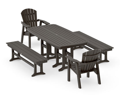 POLYWOOD Seashell 5-Piece Dining Set with Benches - 37" x 72" Table in Vintage Coffee