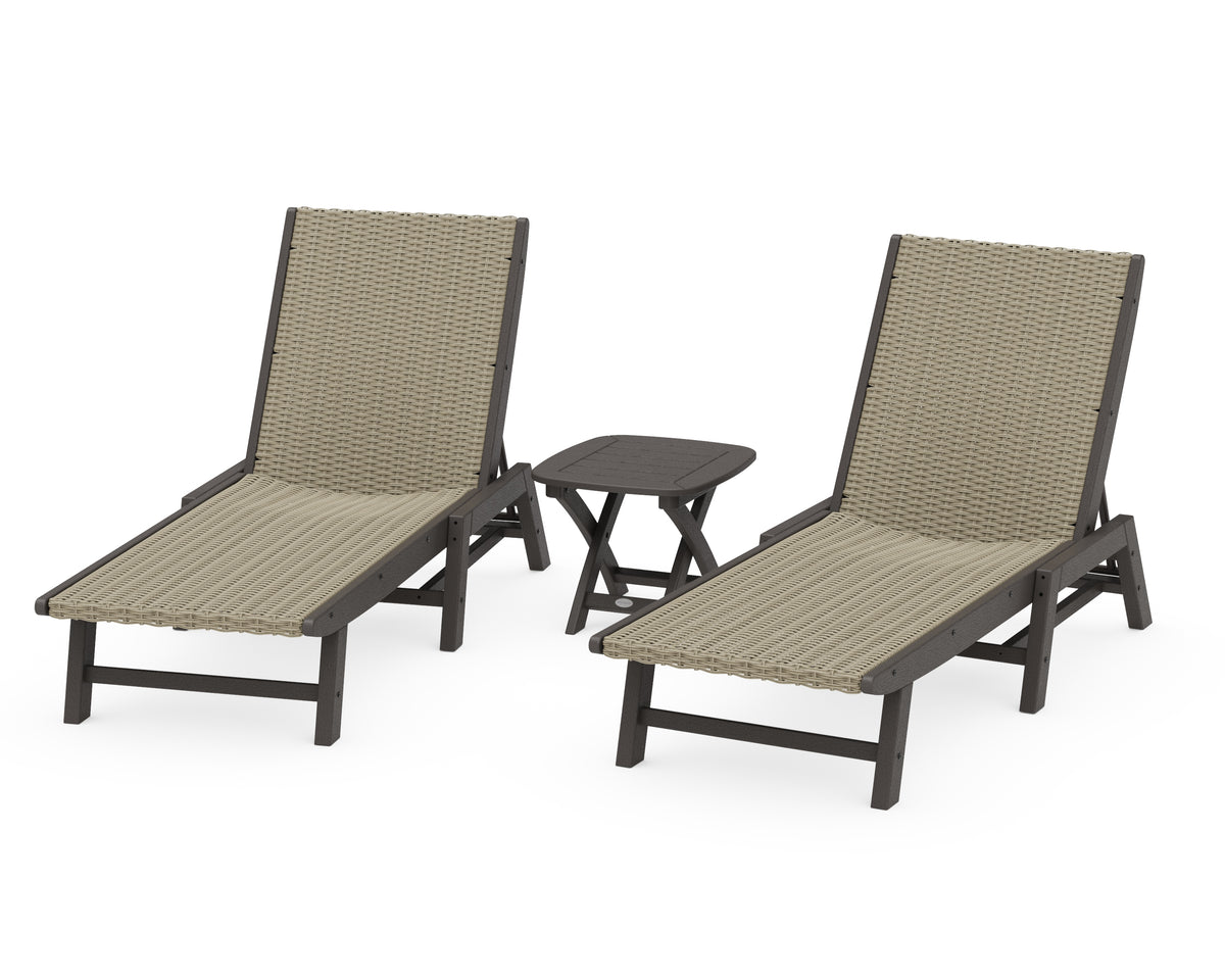 POLYWOOD 3-Piece Coastal Woven Chaise Lounge Set in Vintage Coffee / Dune Grass