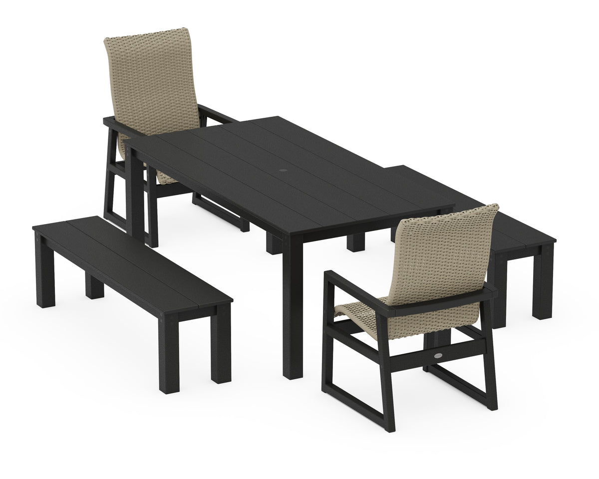 POLYWOOD EDGE Woven High-Back 5-Piece Parsons Dining Set with Benches in Black / Dune Grass