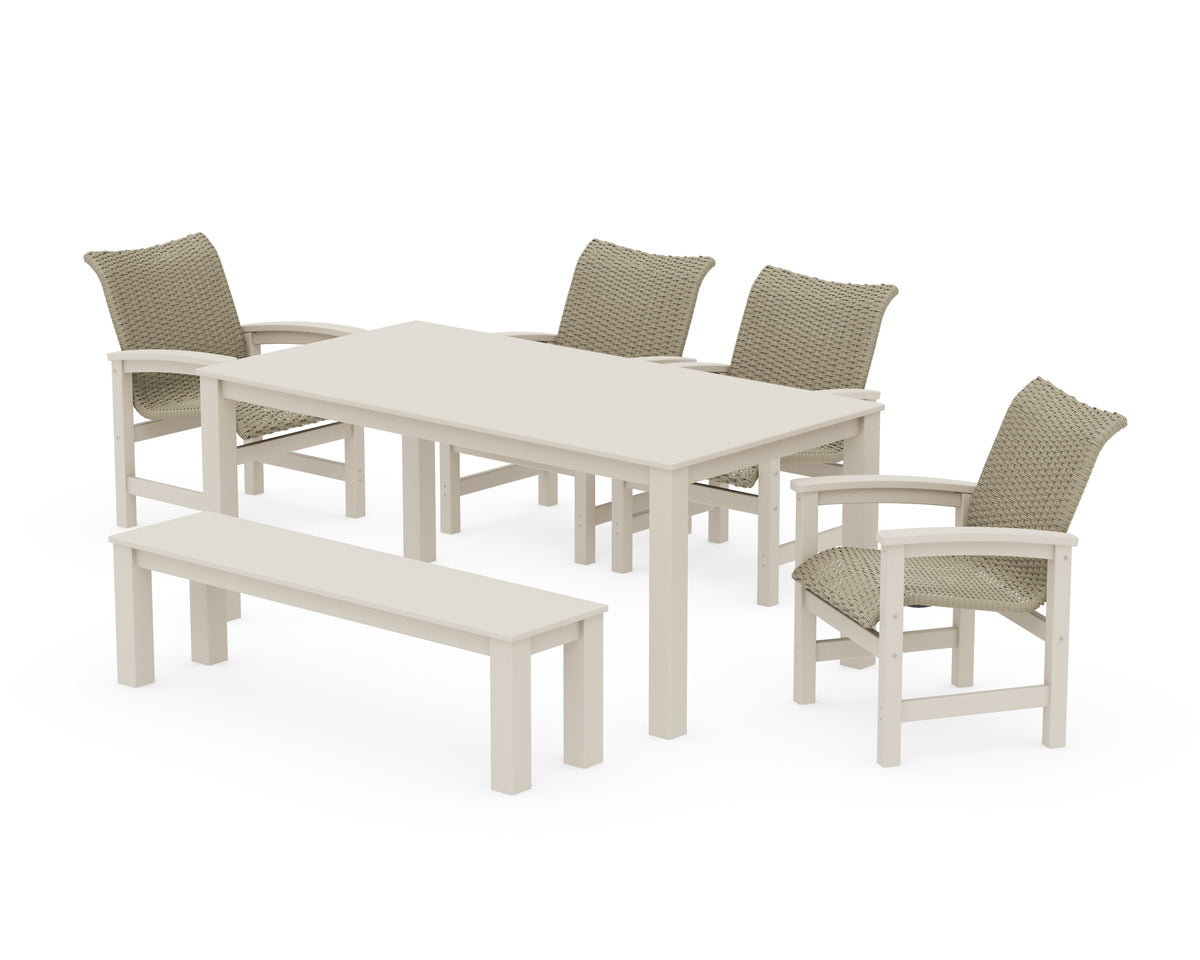 POLYWOOD Coastal Woven 6-Piece Parsons Dining Set with Bench in Sand / Dune Grass