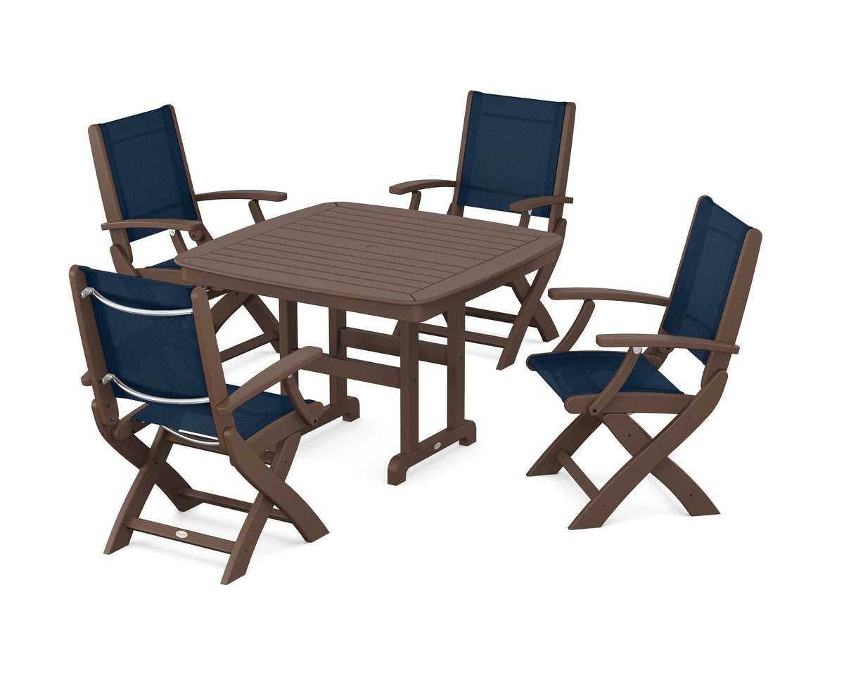 POLYWOOD Coastal Folding Chair 5-Piece Dining Set with Nautical 44" Dining Table in Mahogany / Navy Blue
