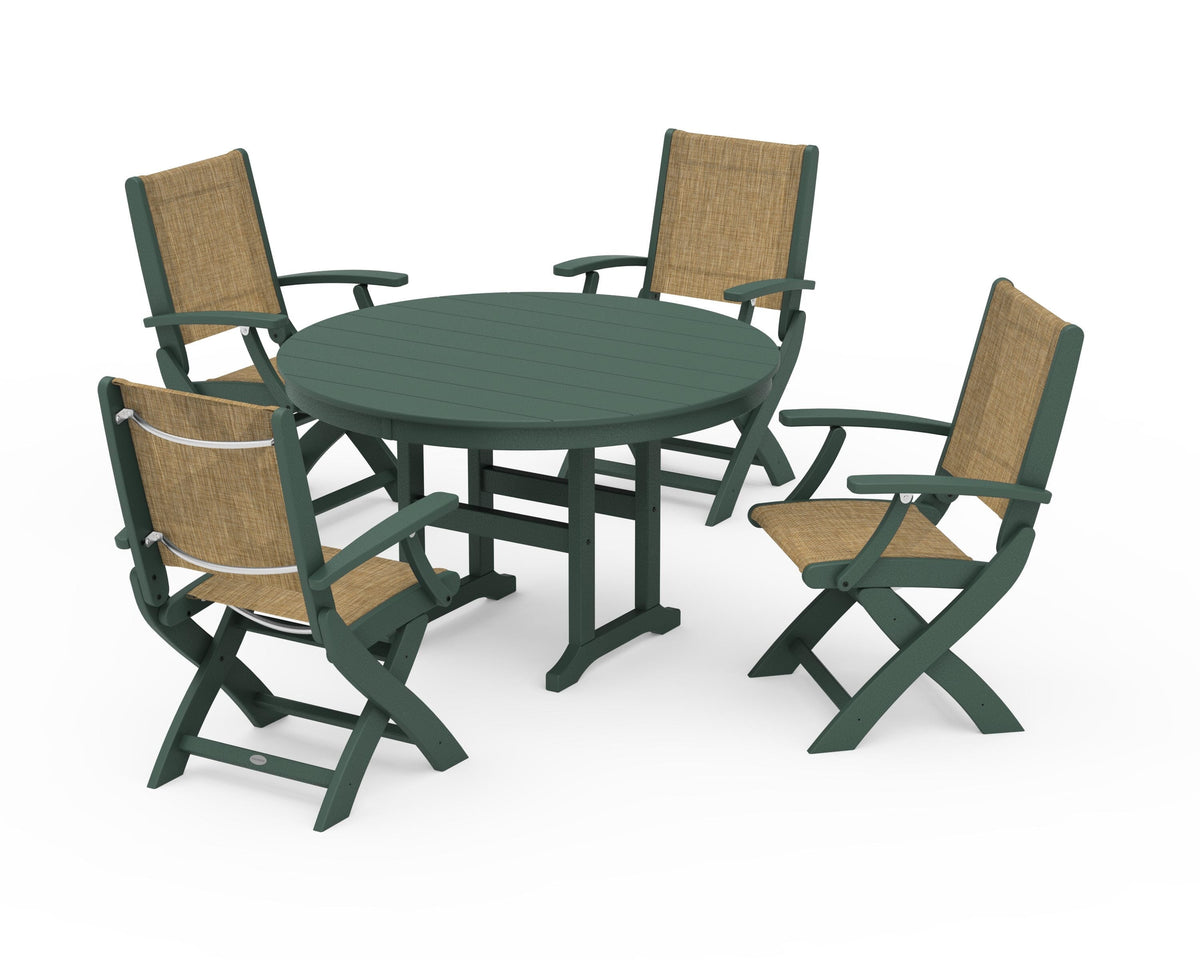 POLYWOOD Coastal Folding Chair 5-Piece Round Dining Set in Green / Burlap