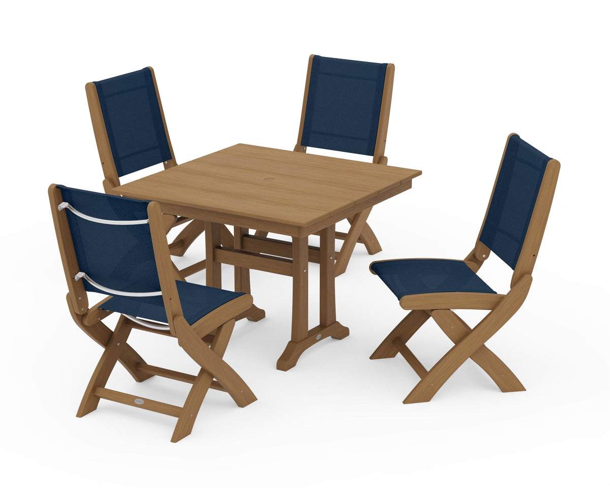 POLYWOOD Coastal Folding Side Chair 5-Piece Farmhouse Dining Set With Trestle Legs in Natural / Navy Blue