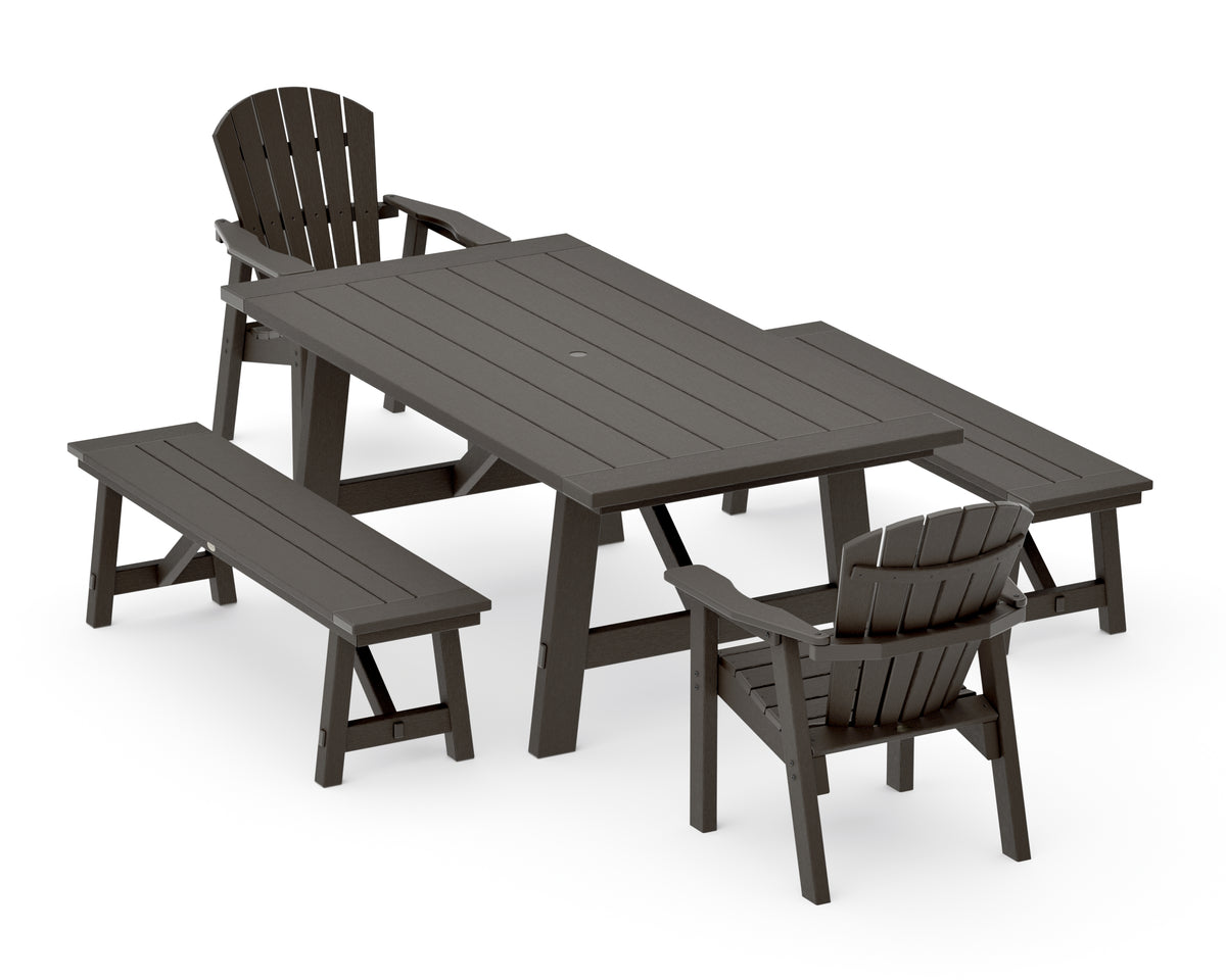 POLYWOOD Seashell 5-Piece Rustic Farmhouse Dining Set with Benches in Vintage Coffee