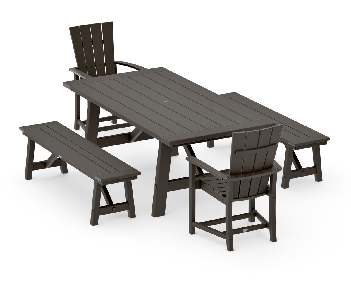 POLYWOOD Quattro 5-Piece Rustic Farmhouse Dining Set with Benches in Vintage Coffee