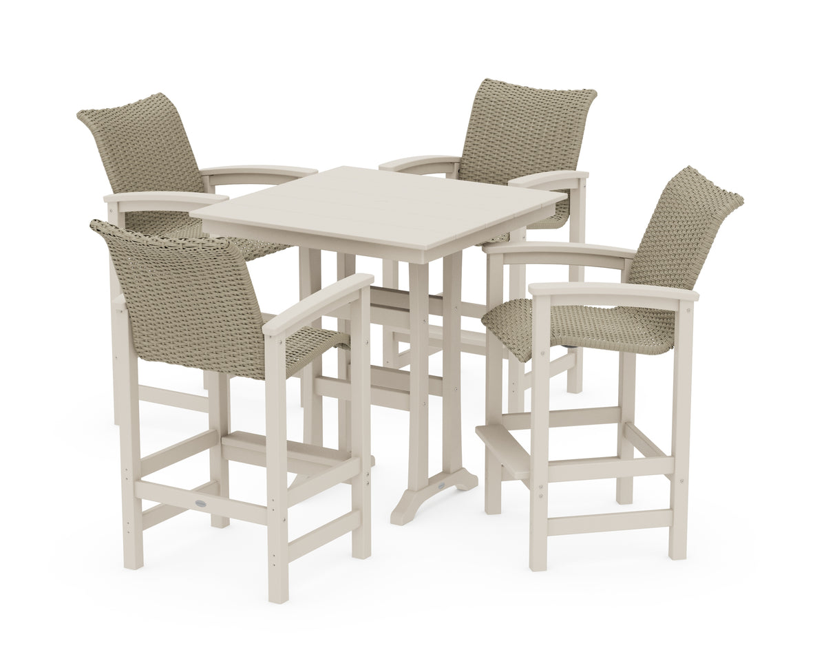 POLYWOOD Coastal Woven 5-Piece Farmhouse Bar Set with Trestle Legs in Sand / Dune Grass