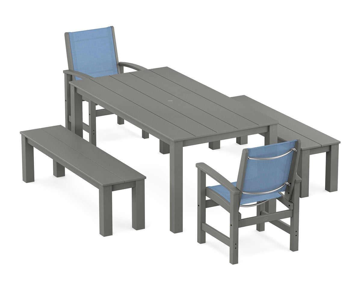 POLYWOOD Coastal 5-Piece Parsons Dining Set with Benches in Slate Grey / Poolside