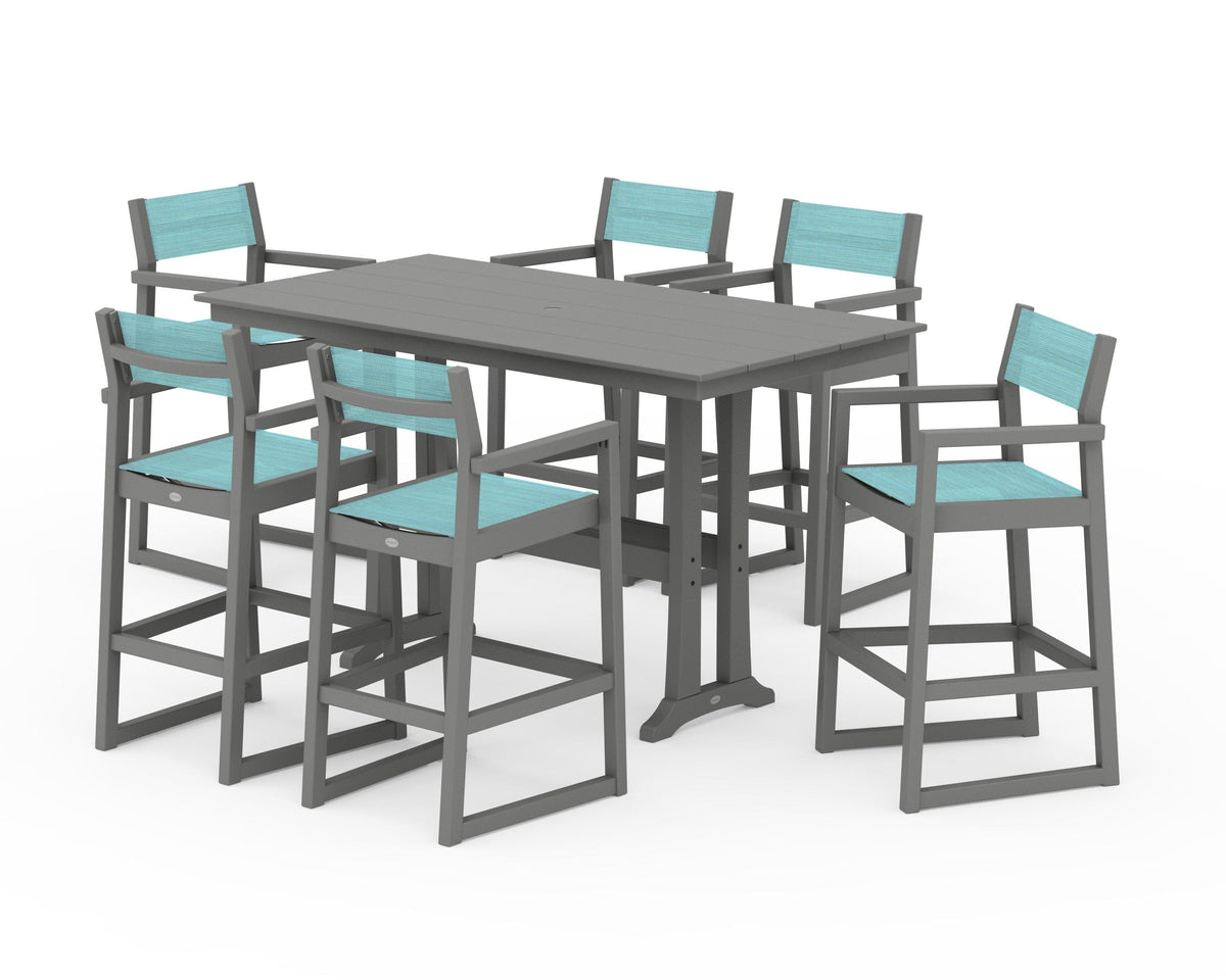 POLYWOOD EDGE Sling Arm Chair 7-Piece Farmhouse Bar Set with Trestle Legs in Slate Grey / Dupioni Aquamarine