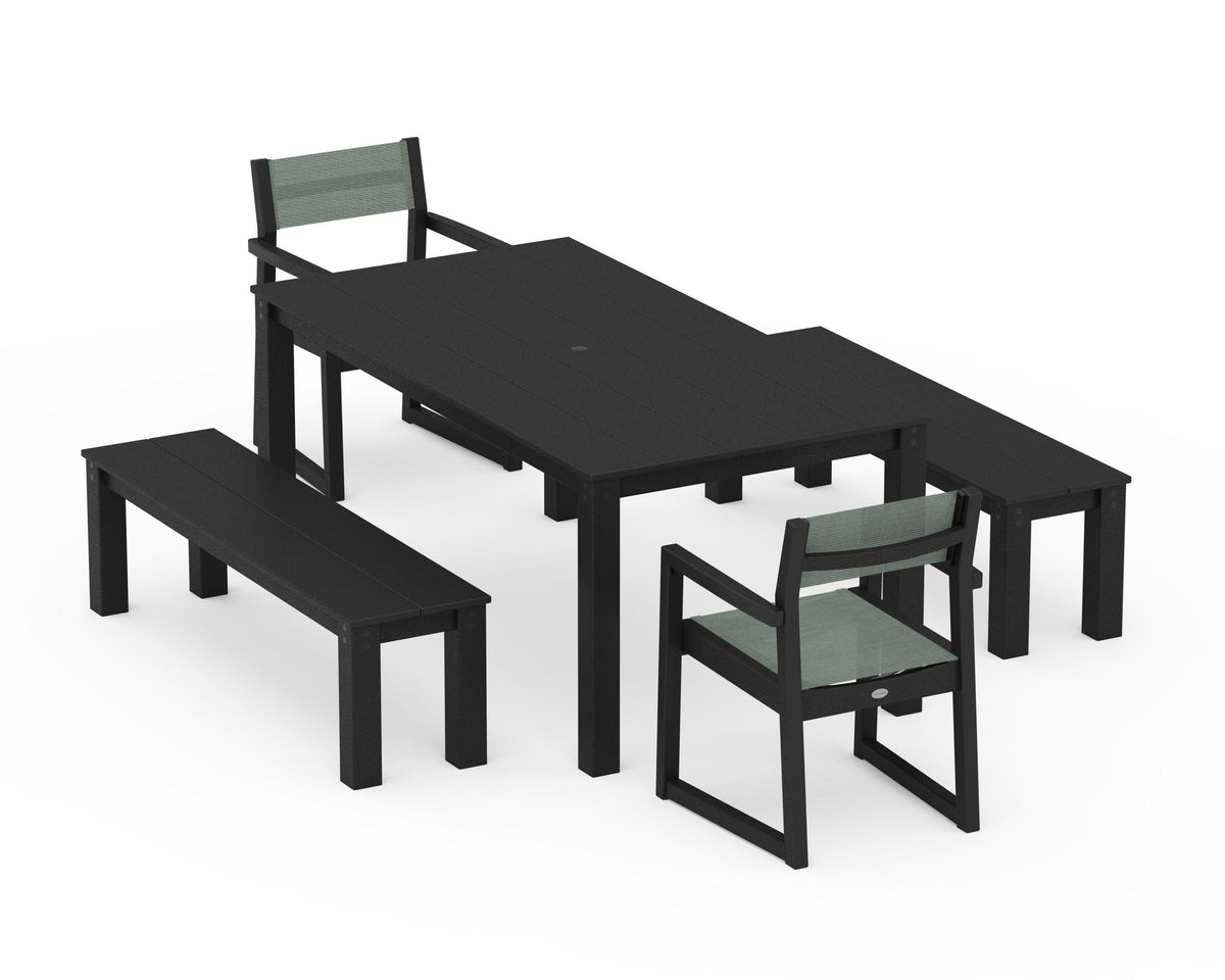 POLYWOOD EDGE Sling Arm Chair 5-Piece Parsons Dining Set with Benches in Black / Dupioni Sea Mist