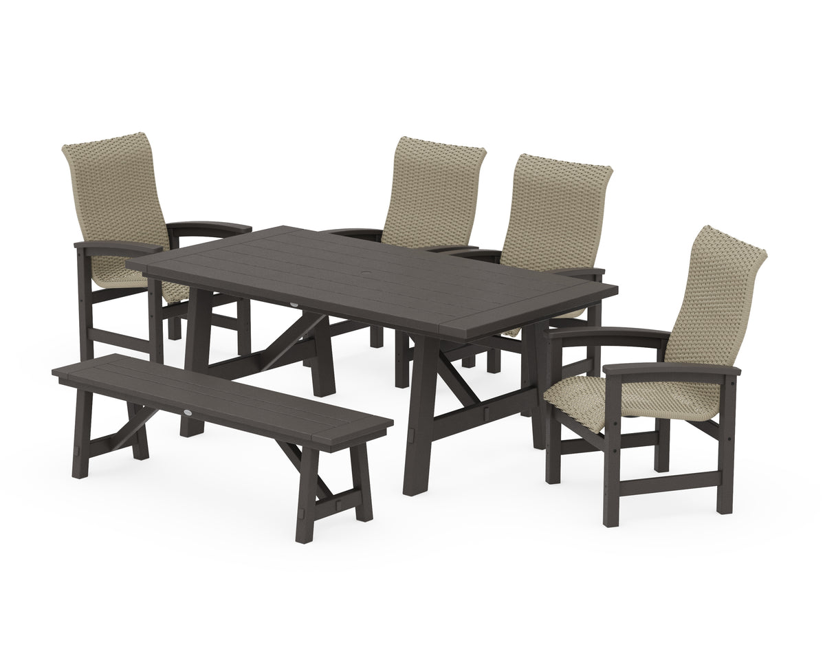 POLYWOOD Coastal Woven High-Back 6-Piece Rustic Farmhouse Dining Set with Bench in Vintage Coffee / Dune Grass