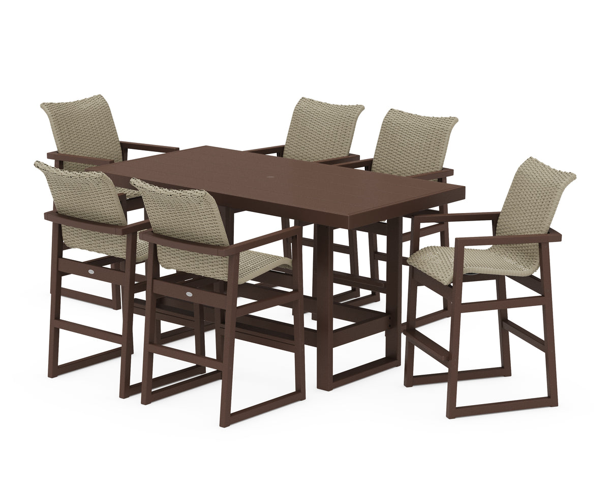 POLYWOOD EDGE Woven Arm Chair 7-Piece Bar Set in Mahogany / Dune Grass