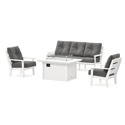 POLYWOOD Lakeside Deep Seating Fire Pit Table Set in Vintage White