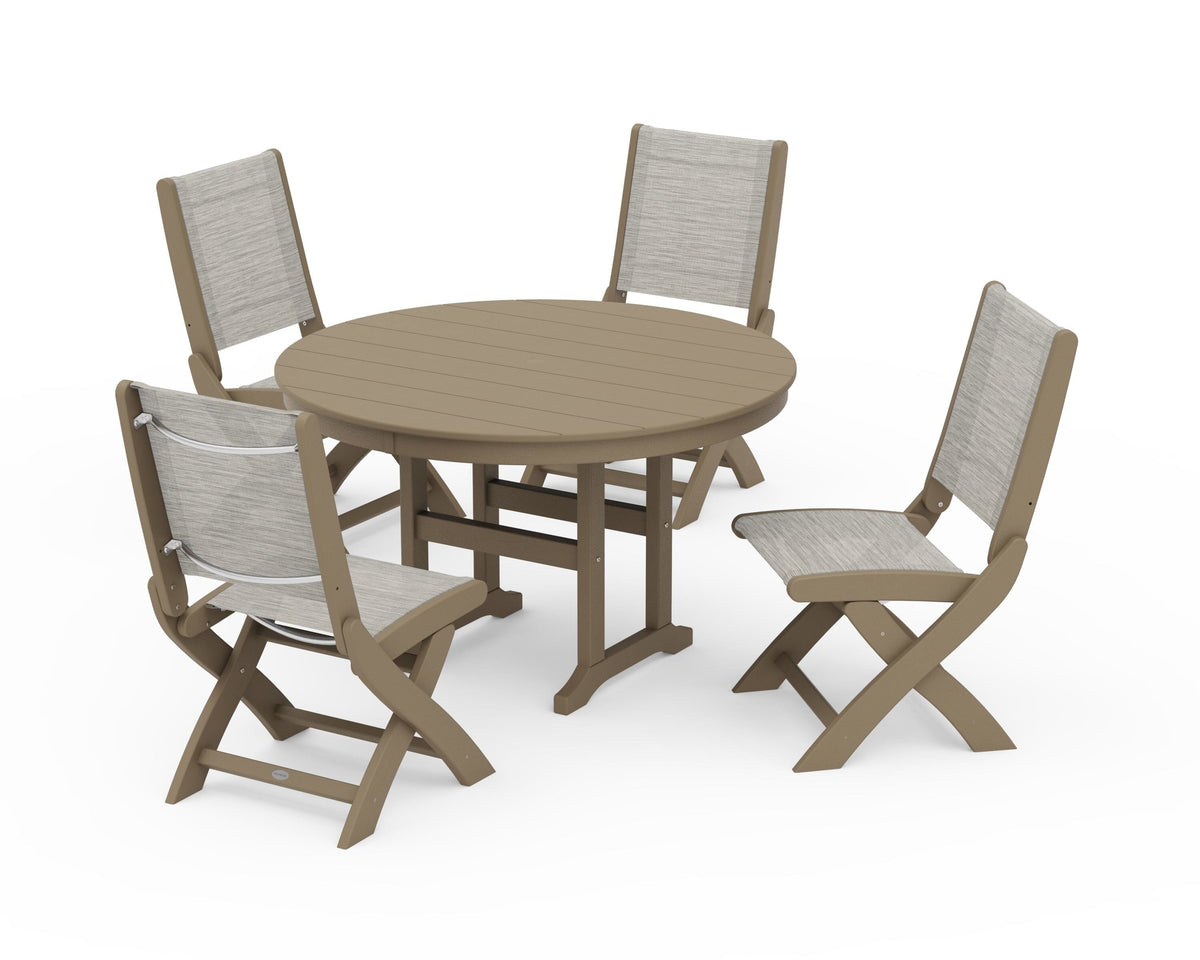POLYWOOD Coastal Folding Side Chair 5-Piece Round Dining Set in Vintage Sahara / Birch