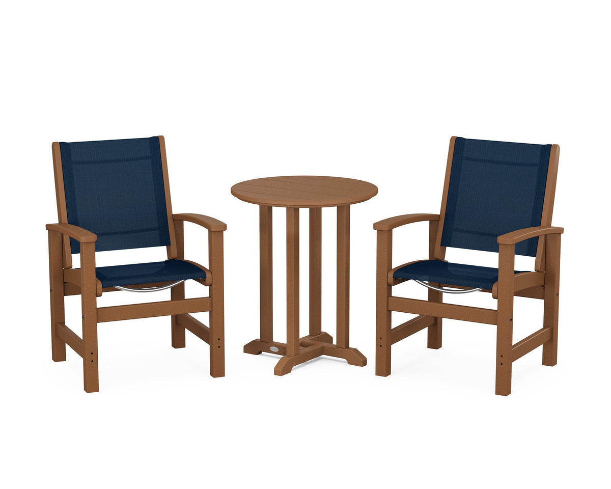 POLYWOOD Coastal 3-Piece Round Bistro Dining Set in Teak / Navy Blue