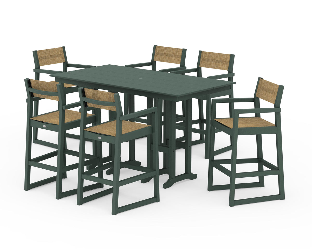 POLYWOOD EDGE Sling Arm Chair 7-Piece Farmhouse Bar Set in Green / Burlap