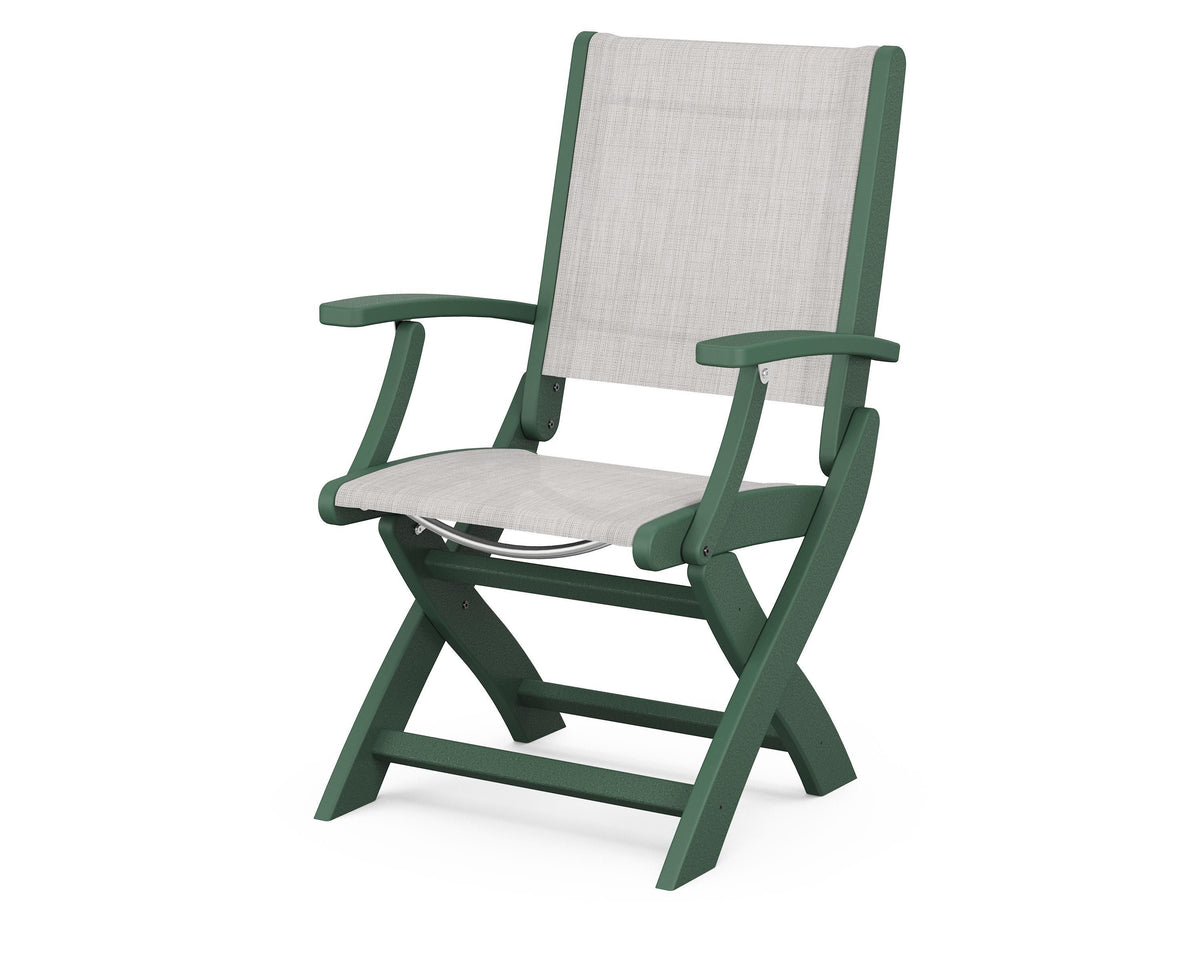 POLYWOOD Coastal Folding Chair in Green with Green arms and Parchment sling
