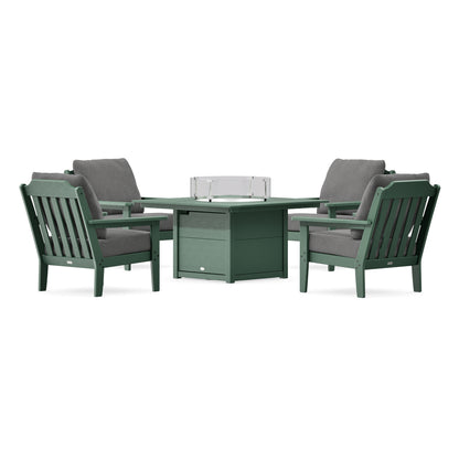 POLYWOOD Country Living Cottage 5-Piece Deep Seating Set with Fire Pit Table in Green
