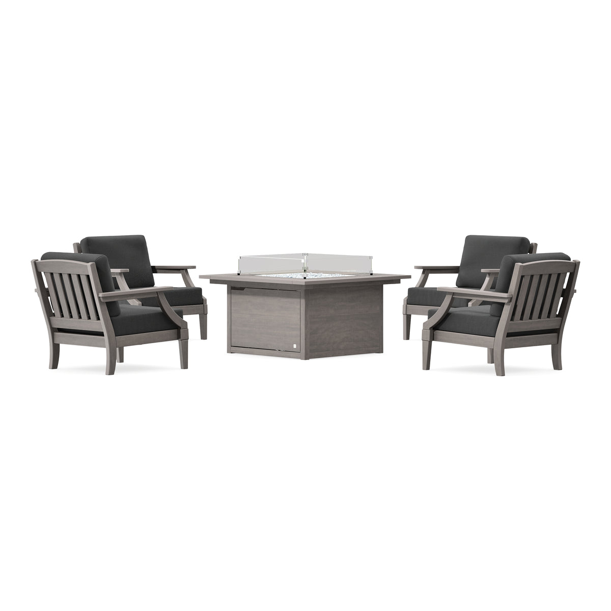 POLYWOOD PW Designer Series Estate 5-Piece Lounge Fire Table Set in Driftwood / Spectrum Carbon