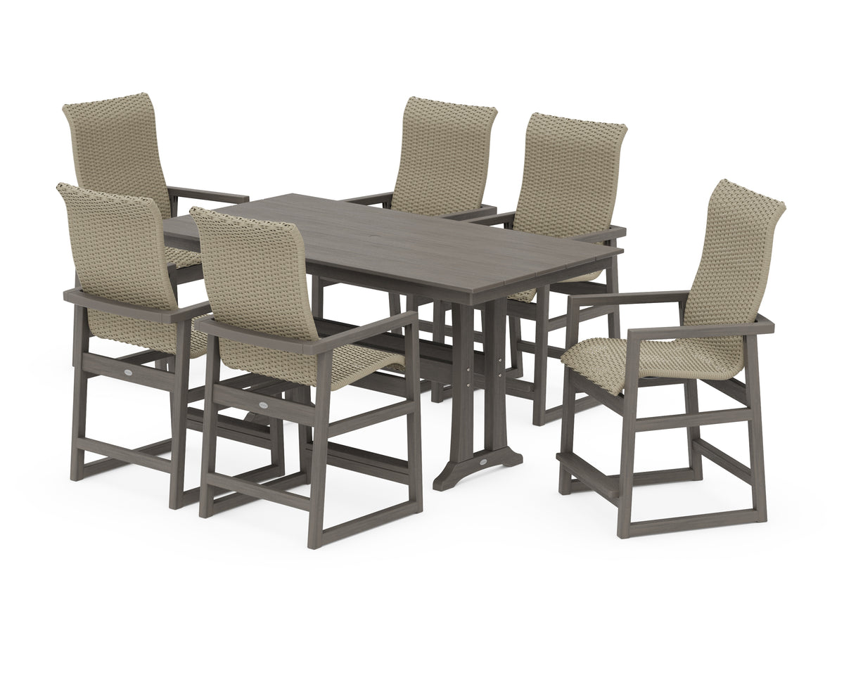 POLYWOOD EDGE Woven Highback Arm Chair 7-Piece Farmhouse Counter Set with Trestle Legs in Driftwood / Dune Grass