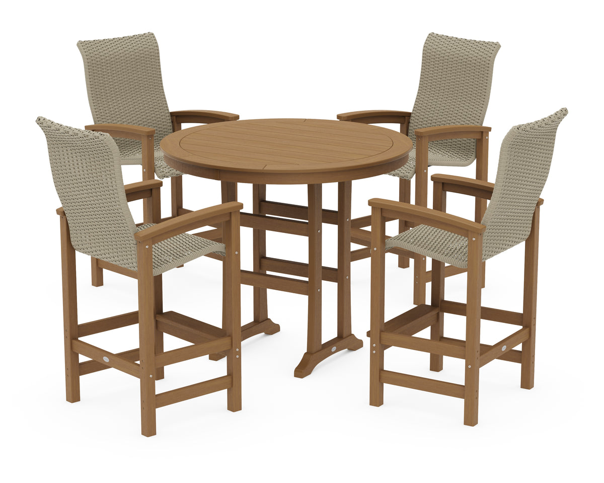 POLYWOOD Coastal Woven High-Back 5-Piece Round Bar Set in Natural / Dune Grass