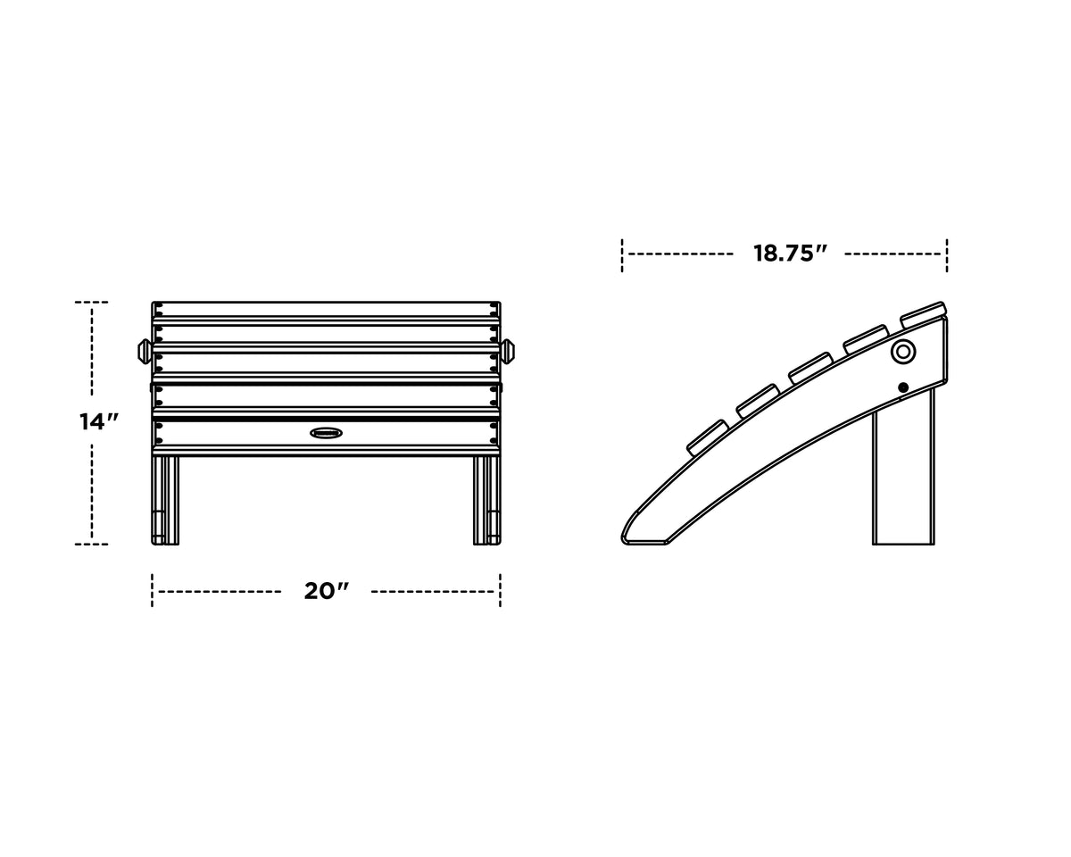 POLYWOOD Classic Adirondack Folding Ottoman dimension drawing with width, depth and height measurements