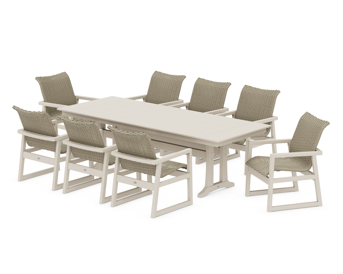POLYWOOD EDGE Woven 9-Piece Farmhouse Dining Set with Trestle Legs in Sand / Dune Grass