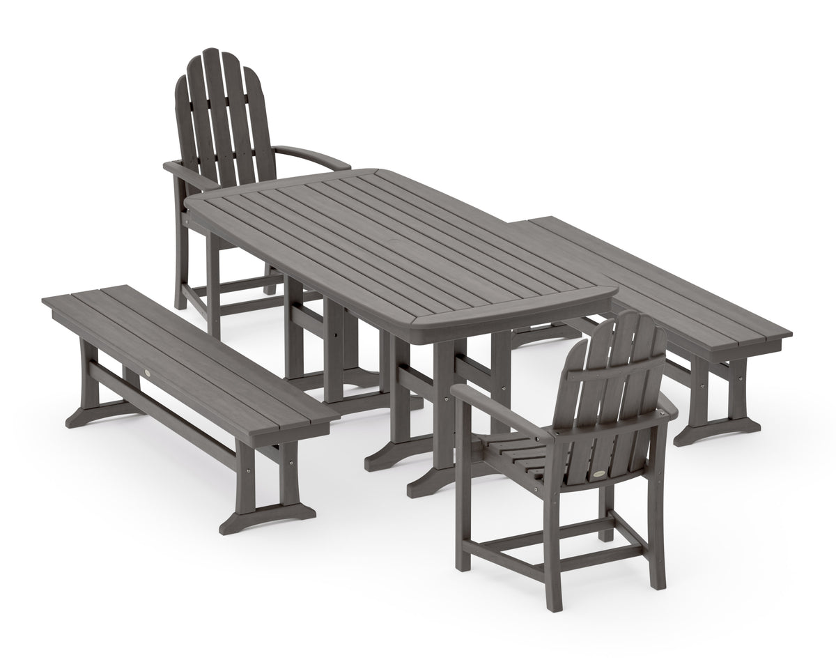 POLYWOOD Classic Adirondack 5-Piece Dining Set with Benches - 37" x 72" Table in Driftwood