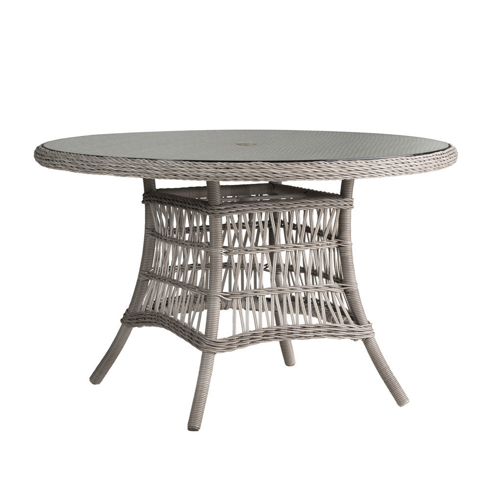Lloyd Flanders Mackinac 48" Round Umbrella Dining Table with Woven Top, lifestyle photo 1