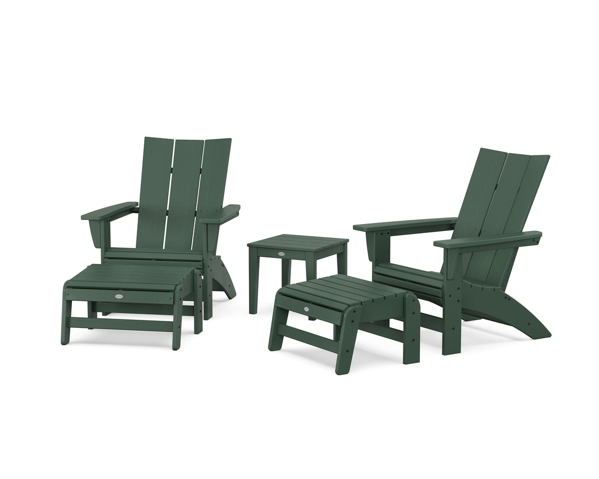 POLYWOOD 5-Piece Modern Grand Adirondack Set with Ottomans and Side Table in Green