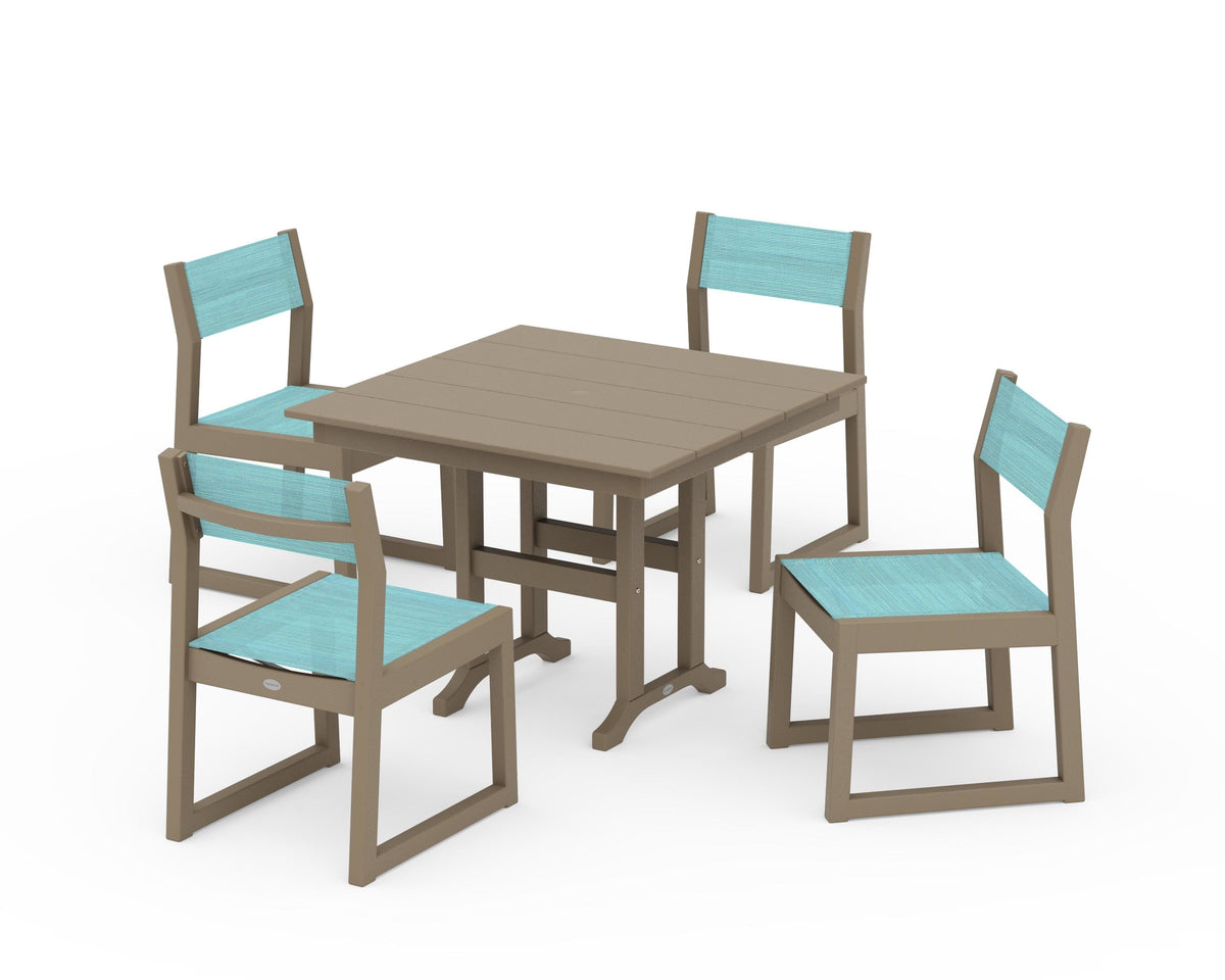 POLYWOOD EDGE Sling Side Chair 5-Piece Farmhouse Dining Set in Vintage Sahara / Dupioni Aquamarine
