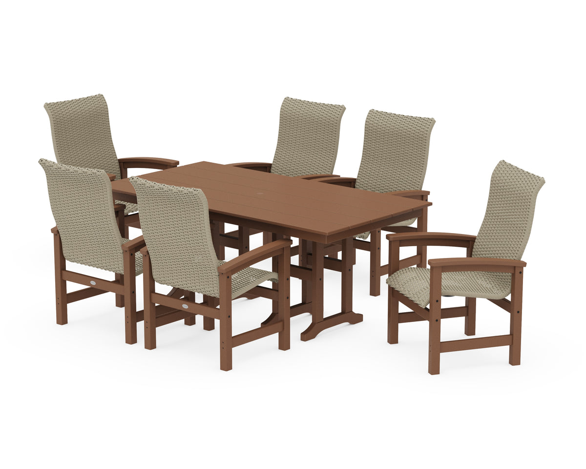 POLYWOOD Coastal Woven High-Back Arm Chair 7-Piece Farmhouse Dining Set in Teak / Dune Grass