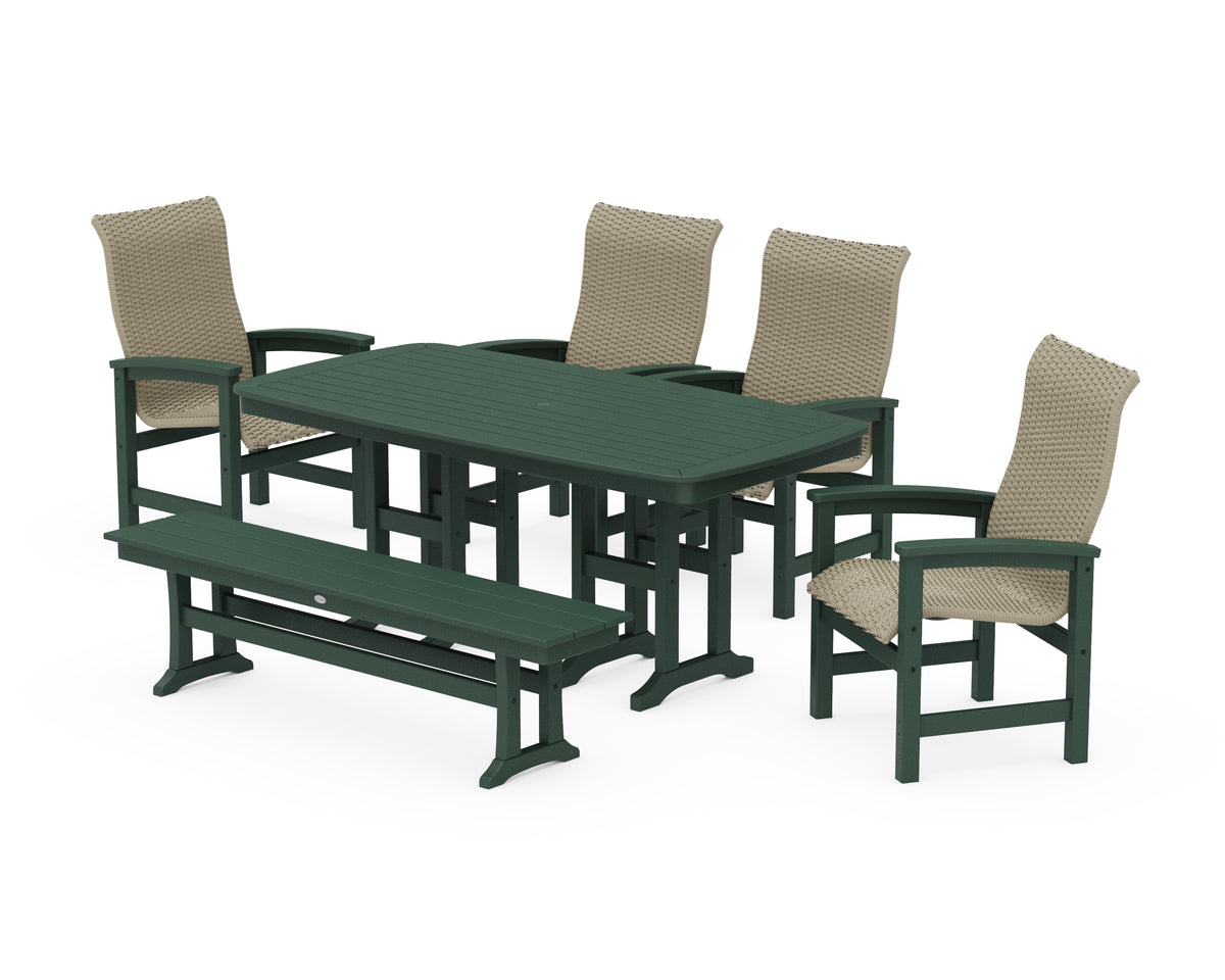 POLYWOOD Coastal Woven High-Back 6-Piece Farmhouse Dining Set with Bench with Nautical 37" x 72" Dining Table in Green / Dune Grass