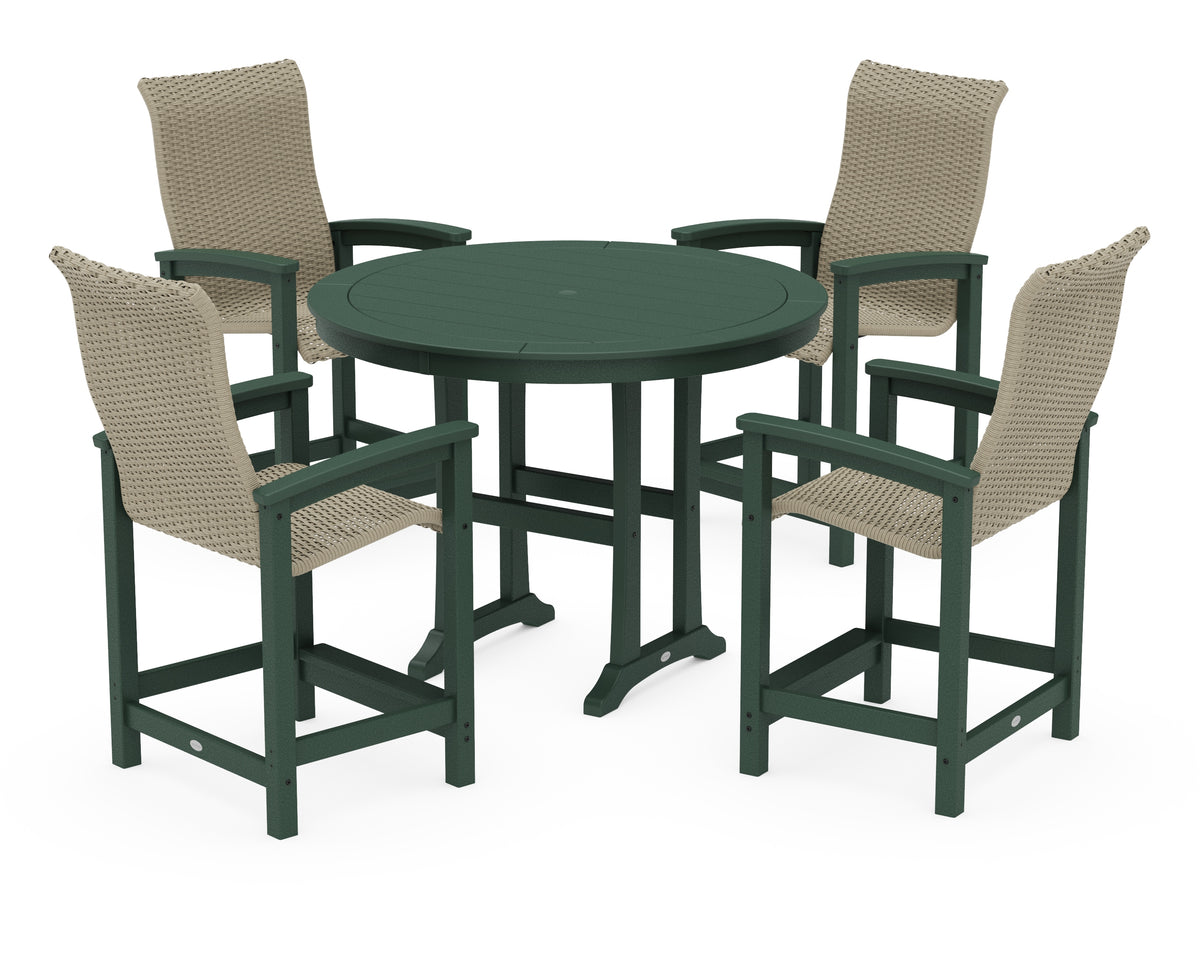POLYWOOD Coastal Woven High-Back 5-Piece Round Counter Set in Green / Dune Grass