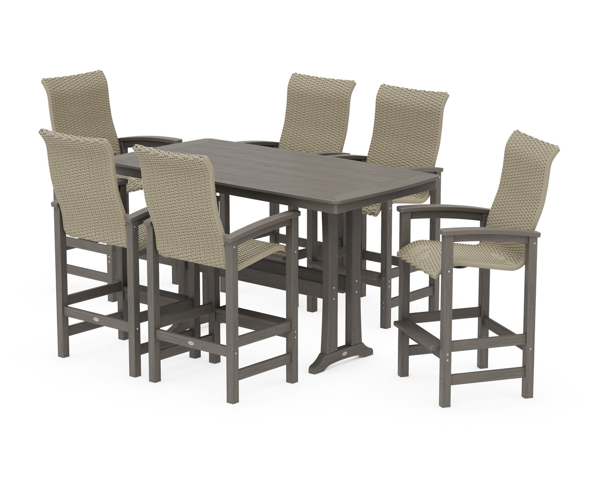 POLYWOOD Coastal Woven High-Back Arm Chair 7-Piece Bar Set with Trestle Legs in Driftwood / Dune Grass