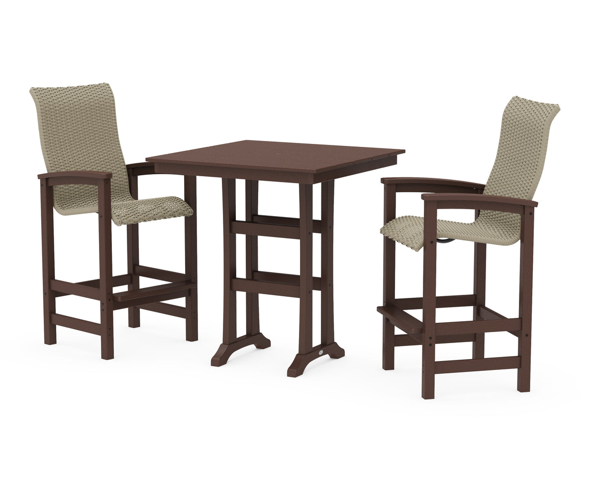 POLYWOOD Coastal Woven High-Back 3-Piece Farmhouse Bar Set with Trestle Legs in Mahogany / Dune Grass