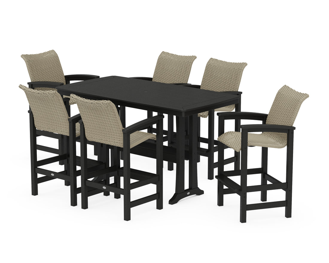 POLYWOOD Coastal Woven Arm Chair 7-Piece Bar Set with Trestle Legs in Black / Dune Grass