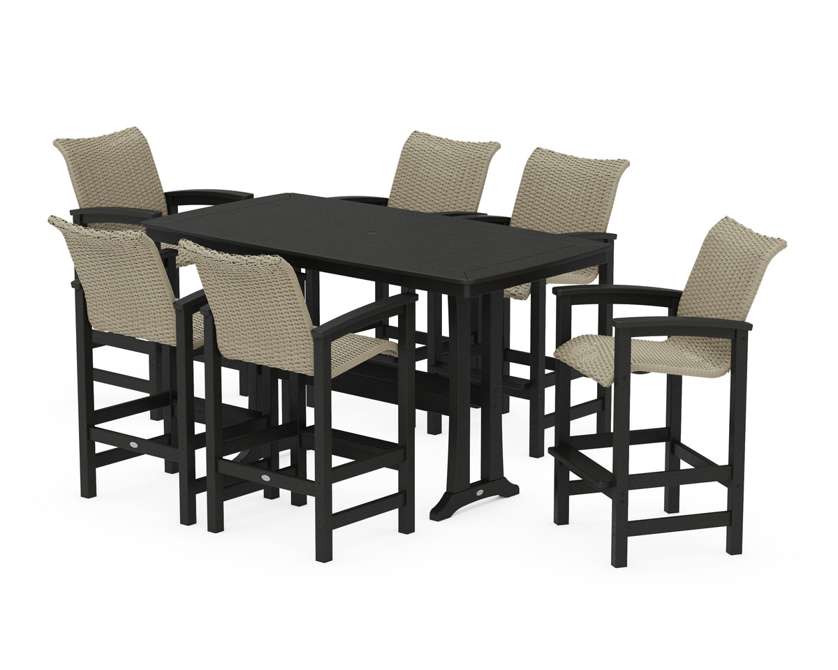 POLYWOOD Coastal Woven Arm Chair 7-Piece Bar Set with Trestle Legs in Black / Dune Grass