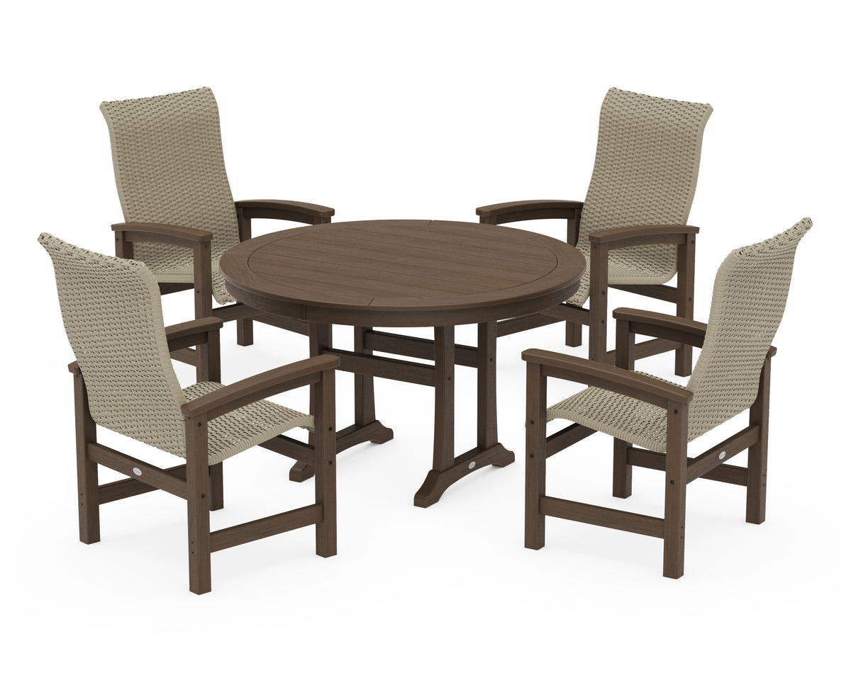 POLYWOOD Coastal Woven High-Back 5-Piece Round Dining Set with Trestle Legs in Kona / Dune Grass