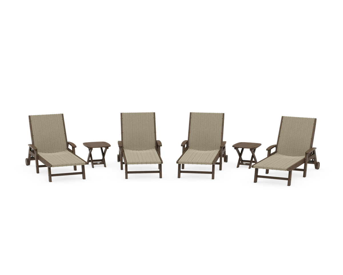 POLYWOOD 6-Piece Coastal Woven Chaise with Arms and Wheels Lounge Set in Kona / Dune Grass