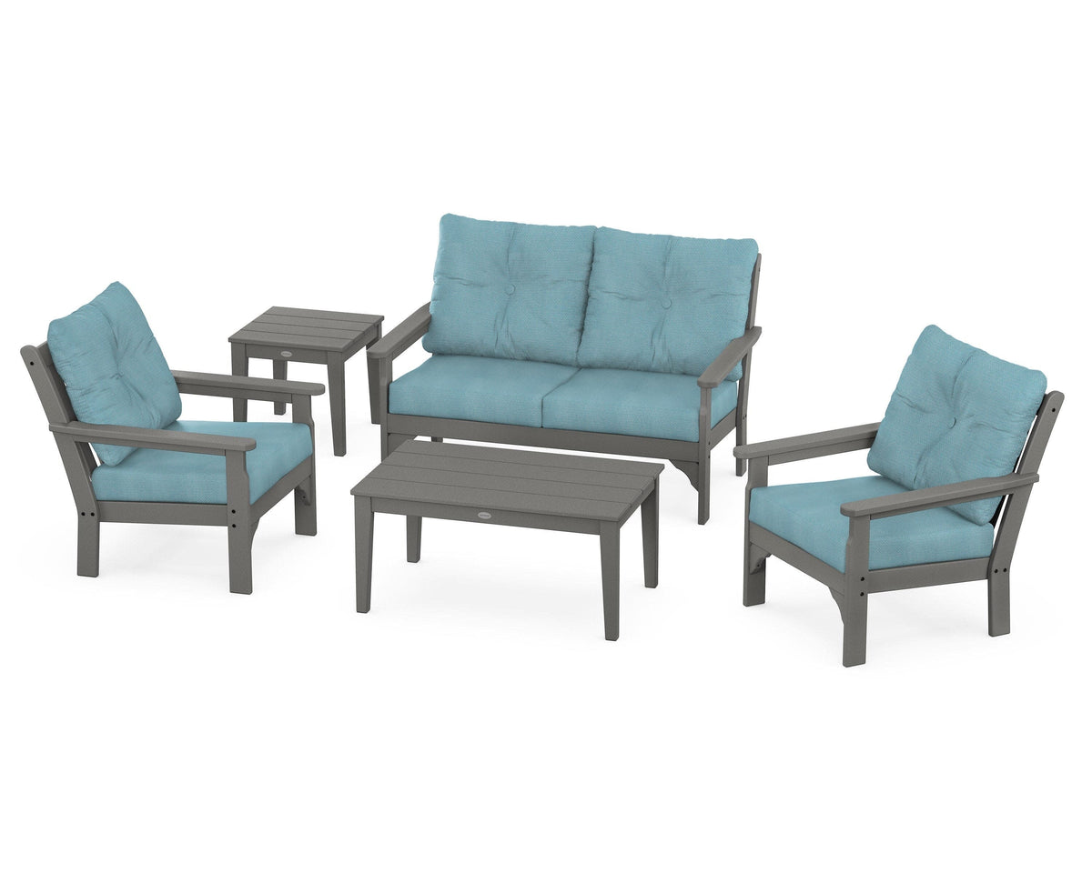 POLYWOOD Vineyard 5-Piece Deep Seating Set with Two Chairs and Loveseat in Slate Grey / Lattice Sky Blue