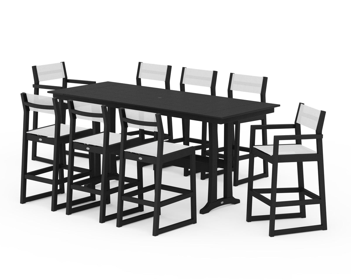 POLYWOOD EDGE Sling 9-Piece Farmhouse Bar Set with Trestle Legs in Black / White