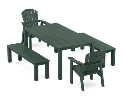 POLYWOOD Seashell 5-Piece Parsons Dining Set with Benches in Green