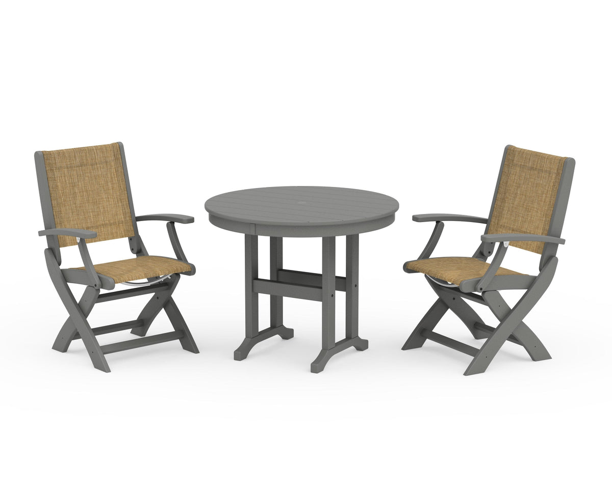 POLYWOOD Coastal Folding Chair 3-Piece Round Dining Set in Slate Grey / Burlap